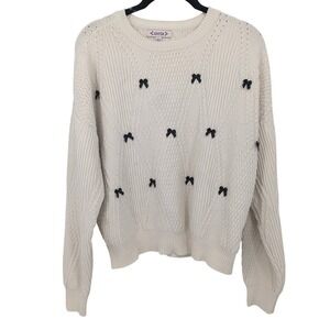 Nanette Lepore Cable Knit‎ Sweater Women Large Cream Bows Coquette Regency Regal